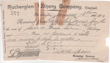 Receipt, Thomas Drenen, Rutherglen Winery Company, Limited. 527, 16/1/1912 (Exact)