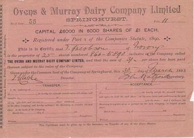 Share Cetificate, Thomas Drenen, 30/3/1893 (Exact)