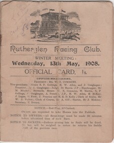 Pamphlet - Offical Race Meeting Card, Thomas Drenen, Rutherglen Racing Club. Winter Meeting: Wednesday, 13th May, 1908, May 1908 (Exact)