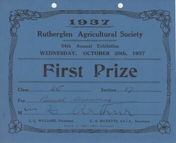 Certificate, Sun Office Rutherglen, Rutherglen Agricultural Society, 54th Annual Exhibition, Wednesday, October 20th, 1937