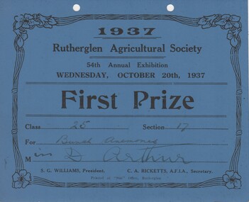 Certificate, Sun Office Rutherglen, Rutherglen Agricultural Society, 54th Annual Exhibition, Wednesday, October 20th, 1937, 1937