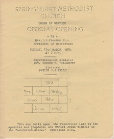 Programme - Program, Springhurst Methodist Church, Official Opening, 1964