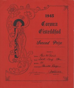 Certificate, Corowa Free Press, 1945 Corowa Eisteddfod, 1945