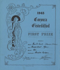 Certificate, Corowa Free Press, 1945 Corowa Eisteddfod, 1945