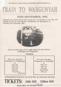 Document - Advertising flyer, Seymour Loco Steam Preservaton Group Inc, Train to Wahgunyah, 1992