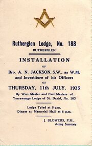 Document, Installation of Bro. A. N. Jackson, S.W., as W.M. and Investiture of his officers, 1935