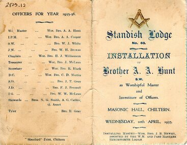 Document, Installation of Bro. A. A. Hunt, S.W., as Worshipful Master and Investiture of Officers, 1935