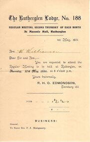 Document, Regular Meeting, Second Thursday of Each Month, at Masonic Hall, Rutherglen, 1/05/1934