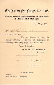 Document, Regular Meeting, Second Thursday of Each Month, at Masonic Hall, Rutherglen, 1/05/1934