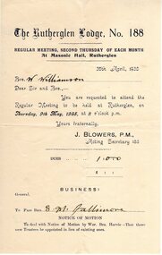 Document, Regular Meeting, Second Thursday of Each Month, at Masonic Hall, Rutherglen, 30/04/1935