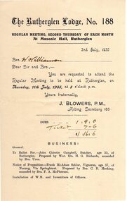 Document, Regular Meeting, Second Thursday of Each Month, at Masonic Hall, Rutherglen, 2/07/1935