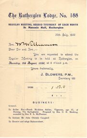 Document, Regular Meeting, Second Thursday of Each Month, at Masonic Hall, Rutherglen, 30/07/1935
