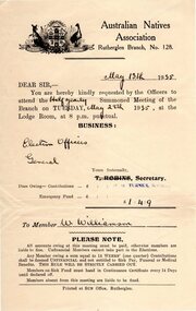 Document, Sun Office, Australian Natives Association, Rutherglen Branch, No. 128, 13/05/1935