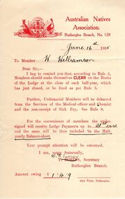 Document, Sun Office, Australian Natives Association, Rutherglen Branch, No. 128, 16/06/1935