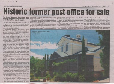 Newspaper article, Historic former post office for sale, 7/02/2018
