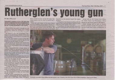 Newspaper article, Corowa Free Press, Rutherglen's Young Gun, 15/05/2019