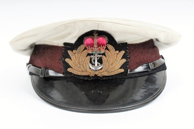 Uniform - Headgear - Naval Cap, Hills Hats PTY. LTD, RAN No. Name and “Made in NewZealand”; and indicates 6 and 7/8 inches hat size, 1981