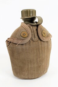 Equipment - Water Bottle with fabric cover, steel dixie, Made 1966
