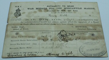 Medal - Document Merchant Navy, Medal entitlement paperwork, 1920