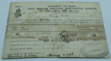 Work on paper - Document Merchant Navy, Medal entitlement paperwork, 1920