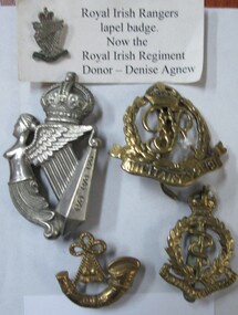 Badge - 1 Royal Irish Rangers hat badge Kings Crown .2 Royal Army Medical Corp Kings Crown .3 Infantry Strung Bugle Kings Crown .4 Military Police George V1 Crown .5 Lapel badge Royal Irish Regiment
