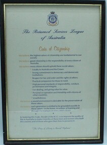 Print - The returned services league Australia, Code of citizenship, Framed by PF Galleries RASAS Picture Framing, Circa 1990