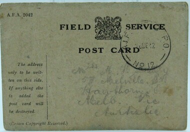 Work on paper - Document Post Card, Field Service post card, 1942