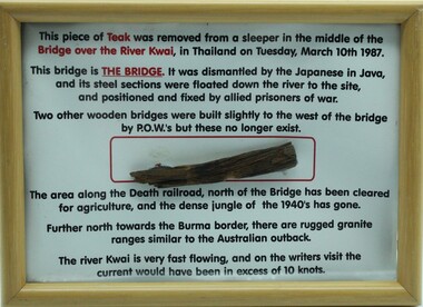 Souvenir Framed item, Piece of bridge from the Burma Railway, C 1987