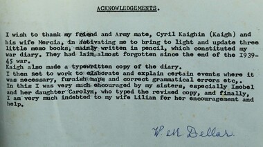 Document, War diary W M Dellar WW2