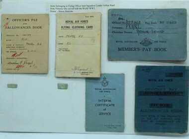 Documents RAAF, Pay & allowance, RAF flying clothing, Pay book, Certificate of service & Airmans service pay book collection, c1942