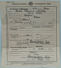 Document Discharge Certificate WW1, Australian Imperial Expeditionary Forces, 1919