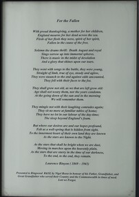 Work on paper - Ode "For the Fallen", poem