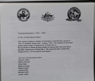 Work on paper - A year 10 Oral history project, Memorabilia