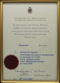 Work on paper - certificate of achievement, memorabilia