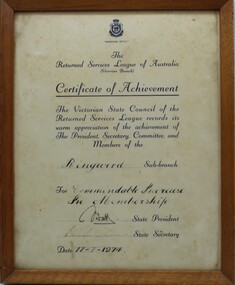 Document (collection) - RSL certificate of achievement, Commendable increase in membership