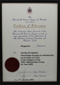 Document - RSL Certificate of Achievement - Increase in Membership