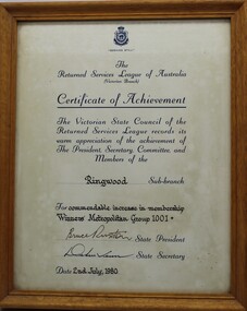 Document - RSL Certificate of Achievement - increase in membership 2/7/1980