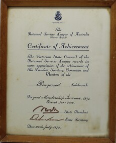 Certificate - RSL Certificate of Achievement - increase in membership 20/7/1972, For good membership increase 1971
