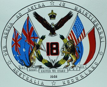 Photograph - Poster of crossed flag display, RAF-RAAF-RKF and US. United we stand. 1942, Australia, Nederlands, England and the United States of America