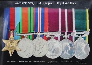 Photograph - 6401722 S/Sgt L A Hooper Royal Artillery service medals, Framed photograph