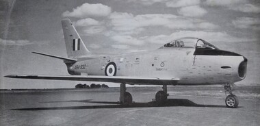 Photograph - Sabre Jet and information on HMAS Kanimbla, Black and white photo