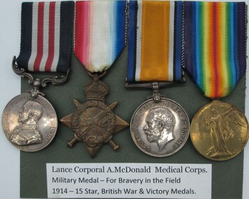 Medal - Assorted medals, Lance Corporal A.McDonald. Medical corps. Bravery in the fieldAwards