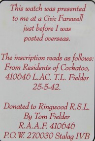 Memorabilia - Watch, LAC T.L Fielder, 25/5/1942