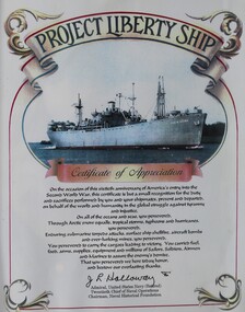Souvenir - Project Liberty Ship, USA entry into WW2 commerative picture