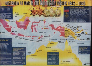Memorabilia - Australia War in The South West Pacific, 1942-1945 chart, Medals and locationns list