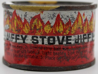 Equipment - Jiffy Stove, Small canned stove for heating food with opener underneath