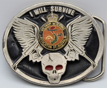 Equipment - Belt buckle, I will survive with Vietnam Veterans association of Australia insignia inesrt