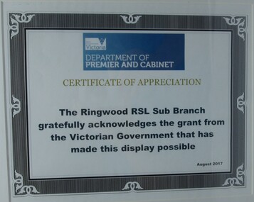 Certificate - Certificate of Appreciation from Victorian Government, Ringwood RSL sub-branch