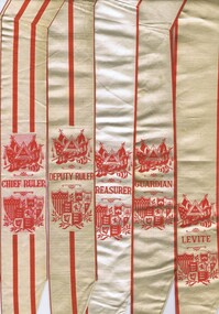 A set of seven decorative white silk IOR sashes with red embossing