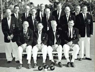 B & W photograph of fourteen men dressed in bowls club uniforms, Harcourt Bowling Club  BDBA Pennant Winner Division 3 Season 1966-67, 1967